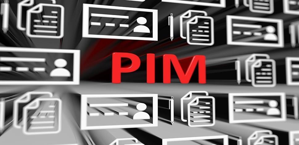 Pim in red letters among white symbols od business on a dark background