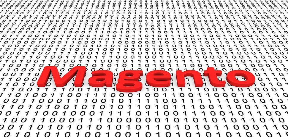 red lettered magento title on the background with binary code