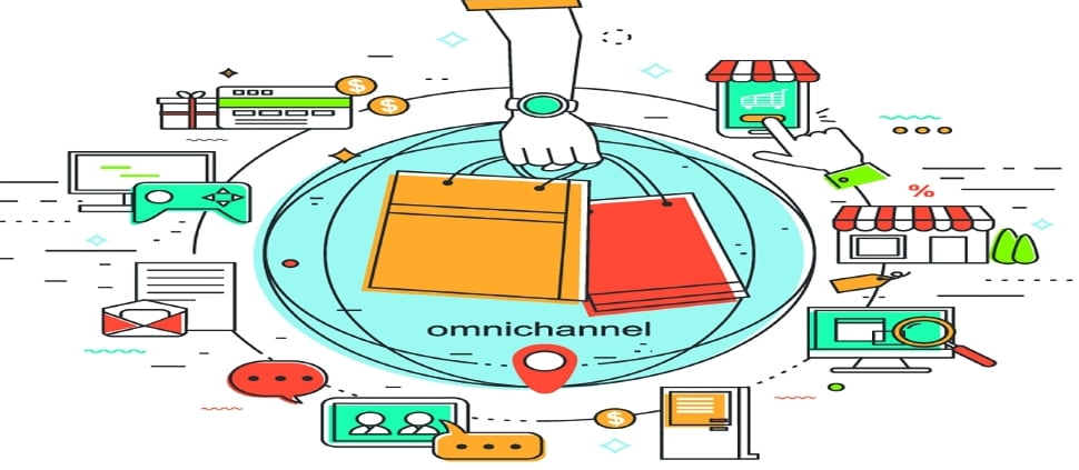hand carrying two bags with omnichannel title underneath them with icons of sales channels surrounding them