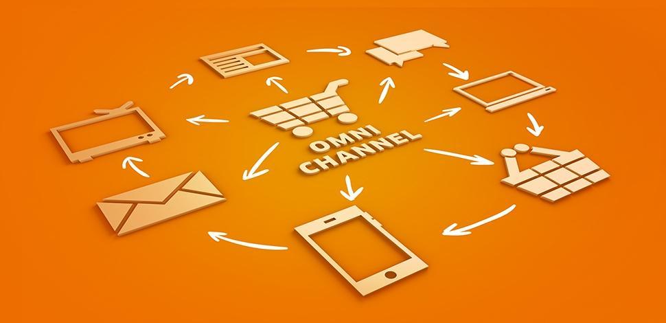 omnichannel symbols surrounded by different IT symbols on an orange background