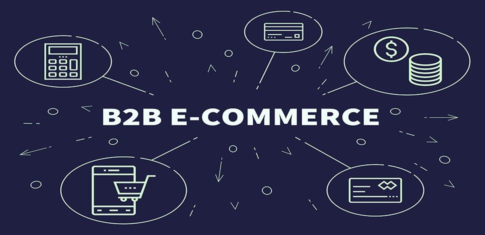 white writing B2B e-commerce in the foreground with dimmed icons on the black background
