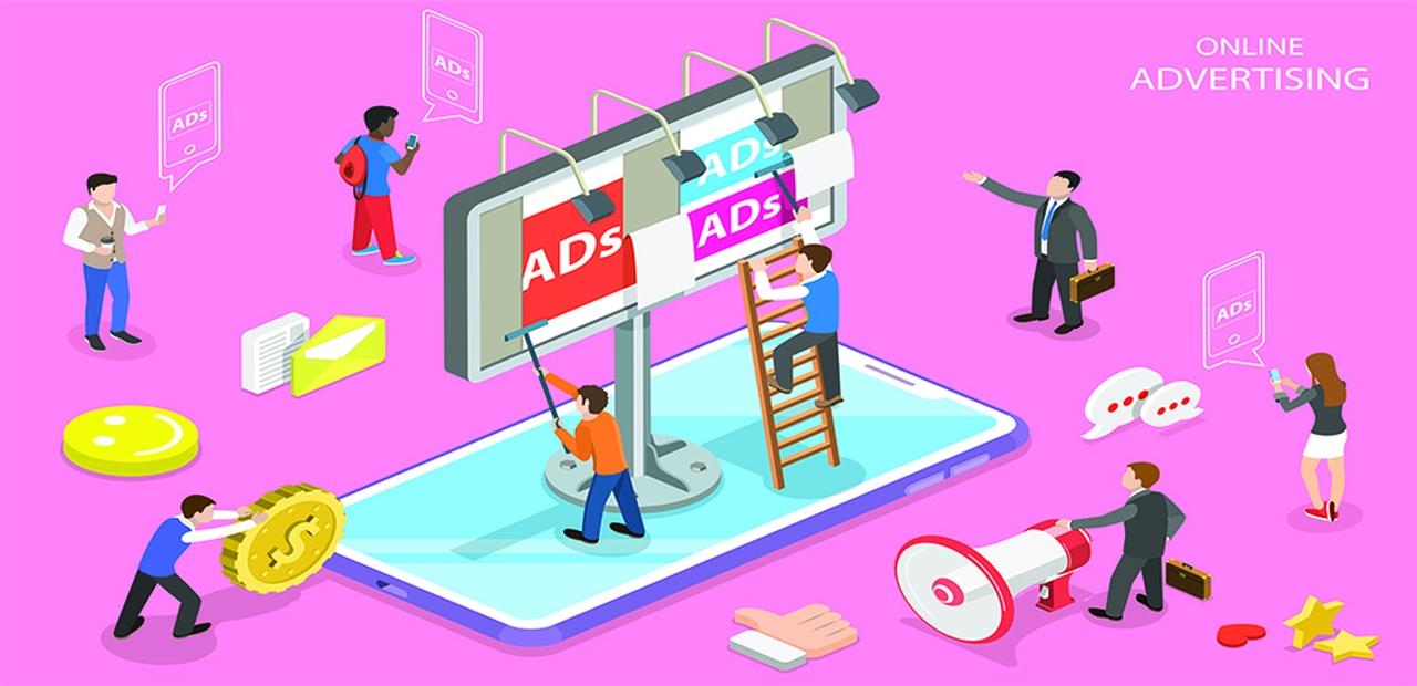 illustration: phone portrayed as a billboard with people surrounding it