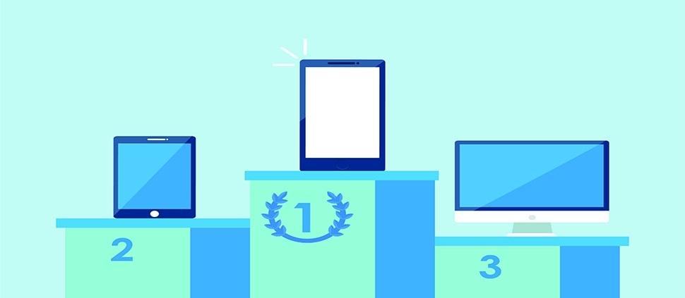 a podium with mobile device on the first place, tablet on the second, and desktop on the third