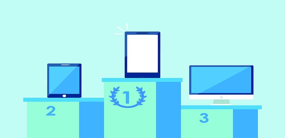 a podium with mobile device on the first place, tablet on the second, and desktop on the third