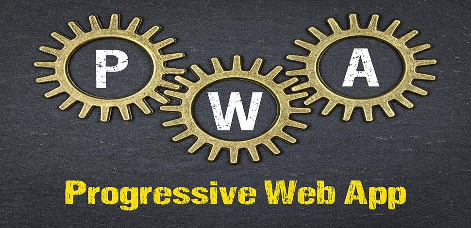 three gold cogs with letters PWA inside each of them on a dark background with a title Progressive Web App written underneath the cogs